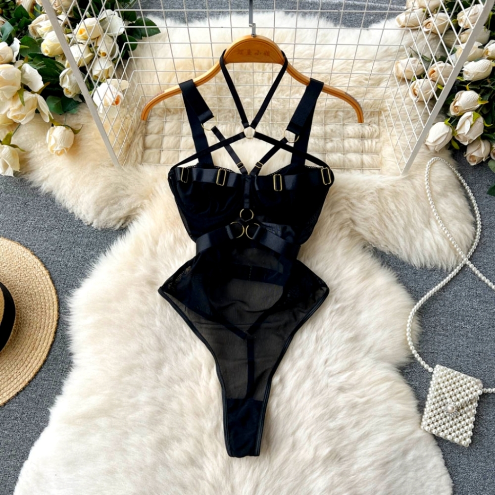 Black Strapy Mesh Corset Bodysuit.